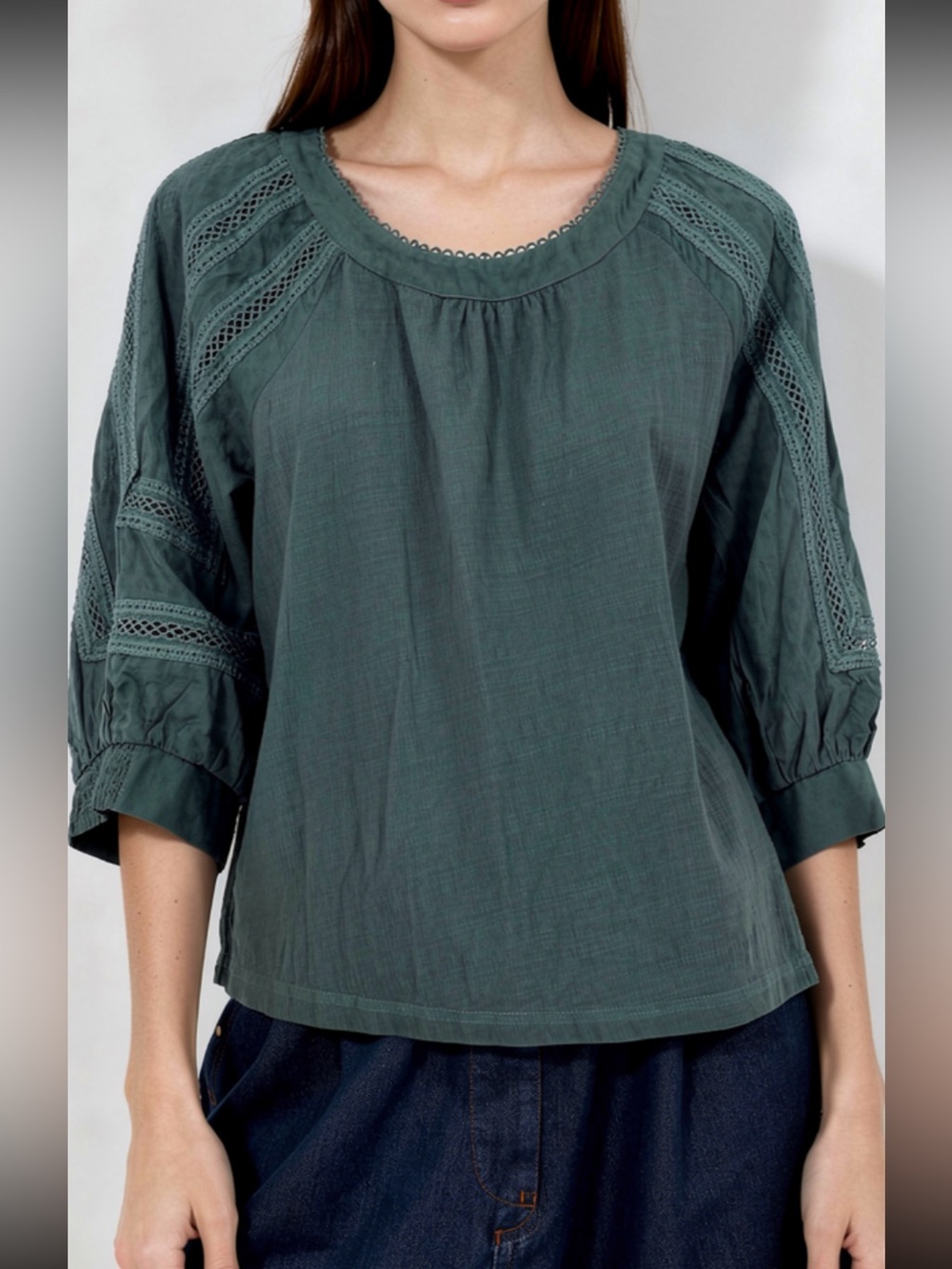 SKIES ARE BLUE Crochet Trim Knit Top green medium petite